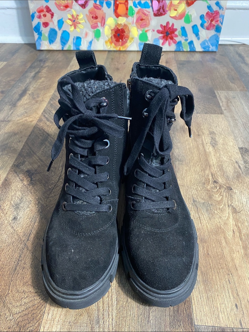 Blondo Waterproof Suede Combat Boots 6.5 Black Lace Up Lug Sole Booties